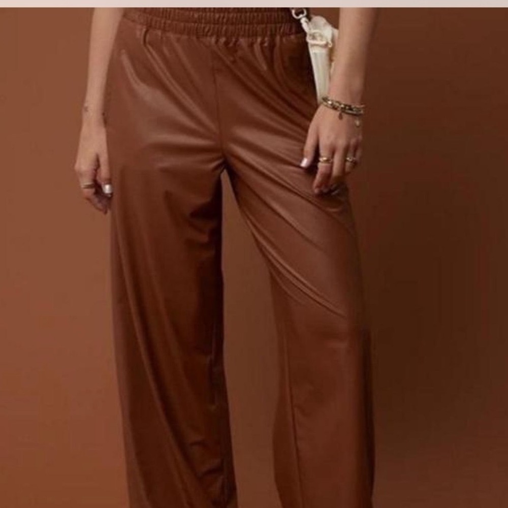 aerie Wide Leg Faux Leather Pants in Brown